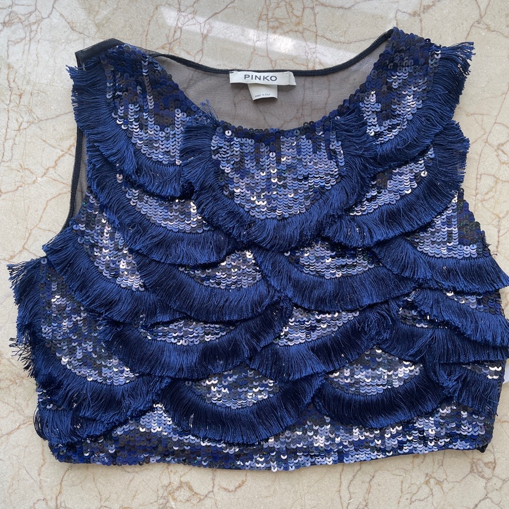 Pinko beaded blue crop top with mash back